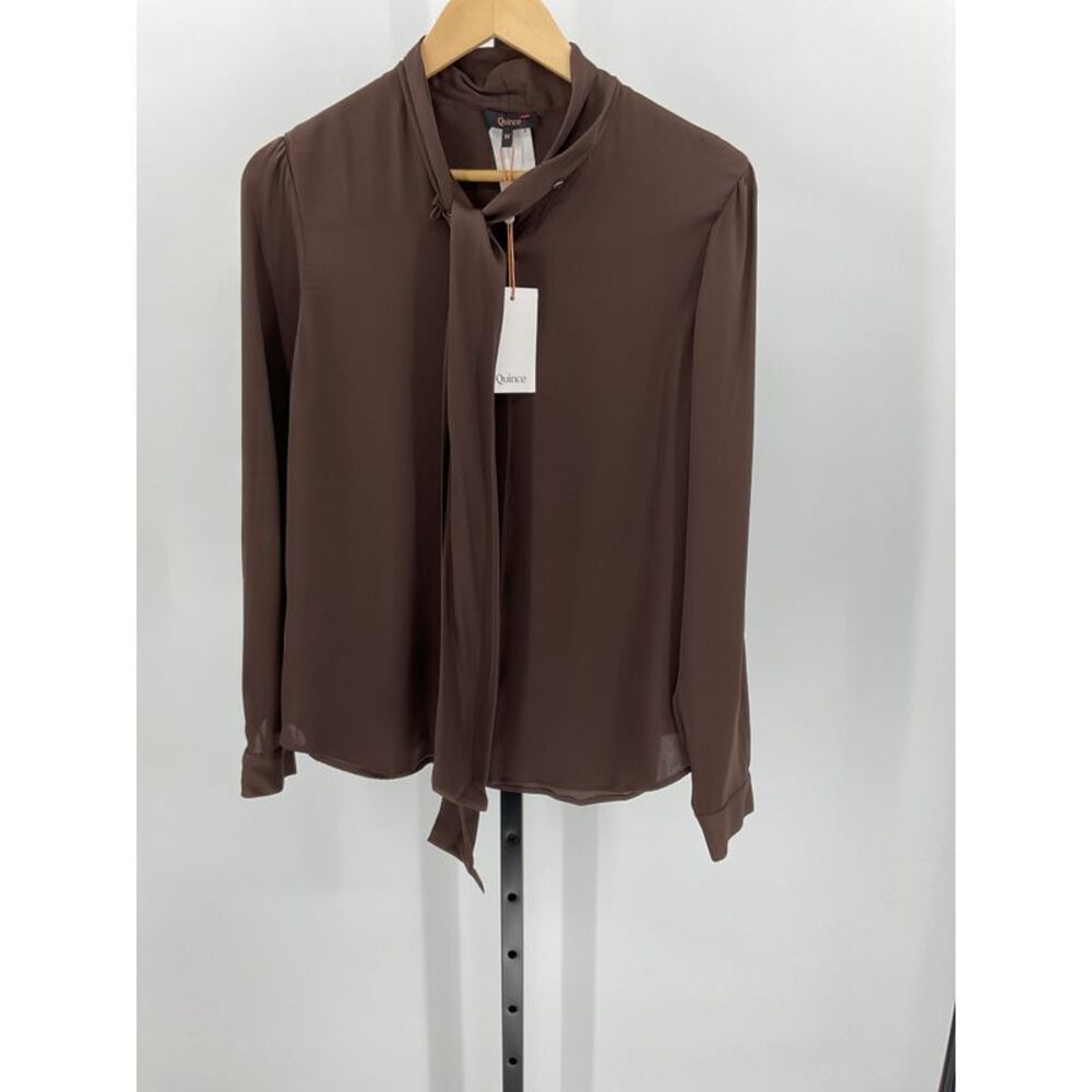 Quince Women's Washable Stretch Silk Tie Neck Blouse Hot Fudge Brown M